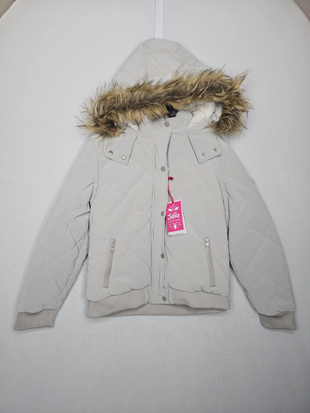 NWT Justice Girls Classic Puffer Jacket Sherpa Lined Gray L (12/14) Minor Flaws